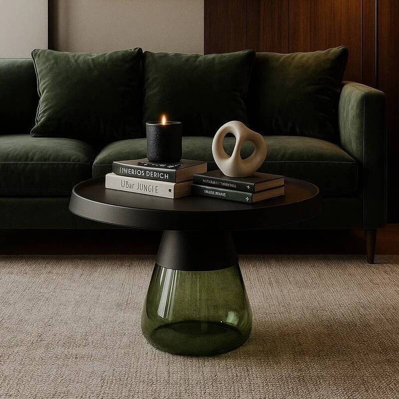 Olmo side table with bottle green glass and black metal top, 70x45cm