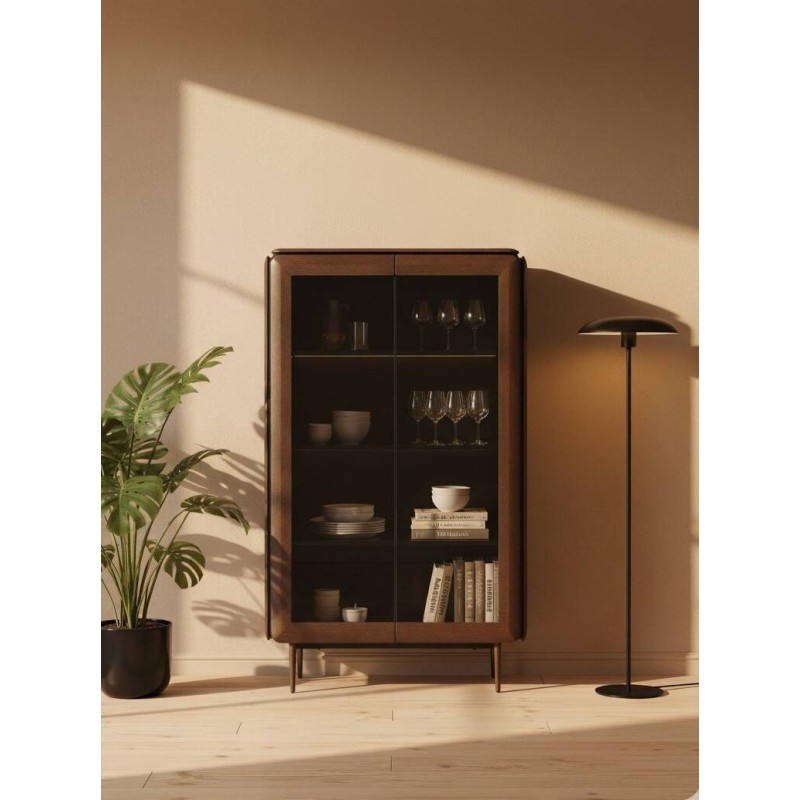 Teresa display cabinet in dark oak veneer with black details, 180cm