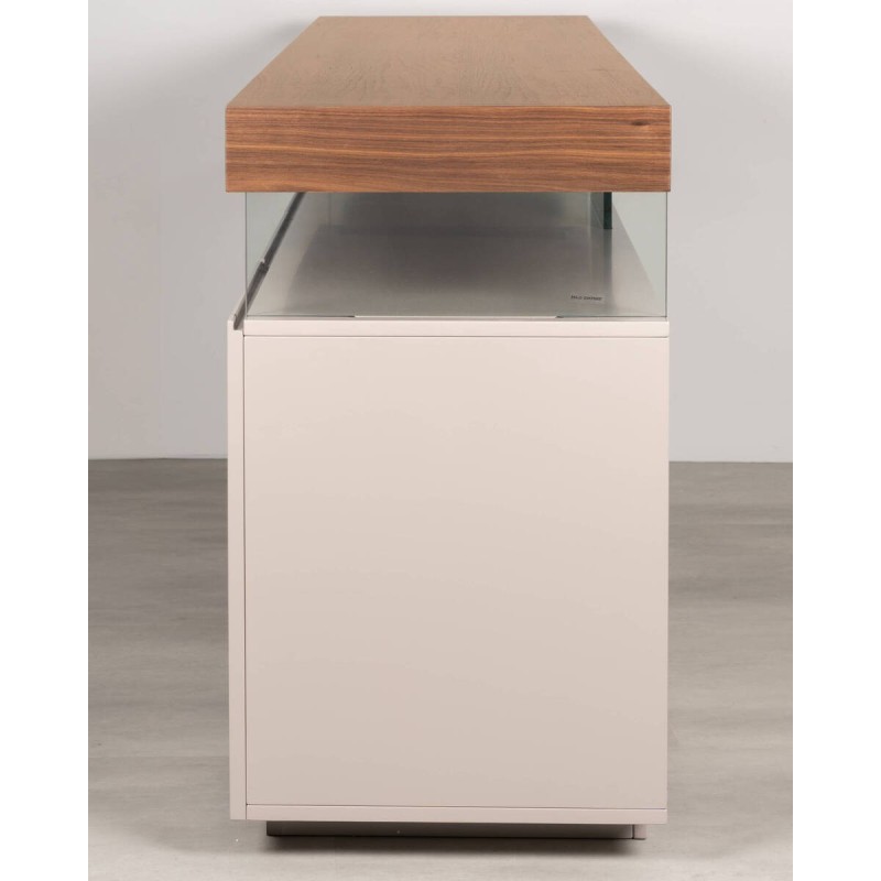 Leda sideboard with floating walnut top and matte ivory frame