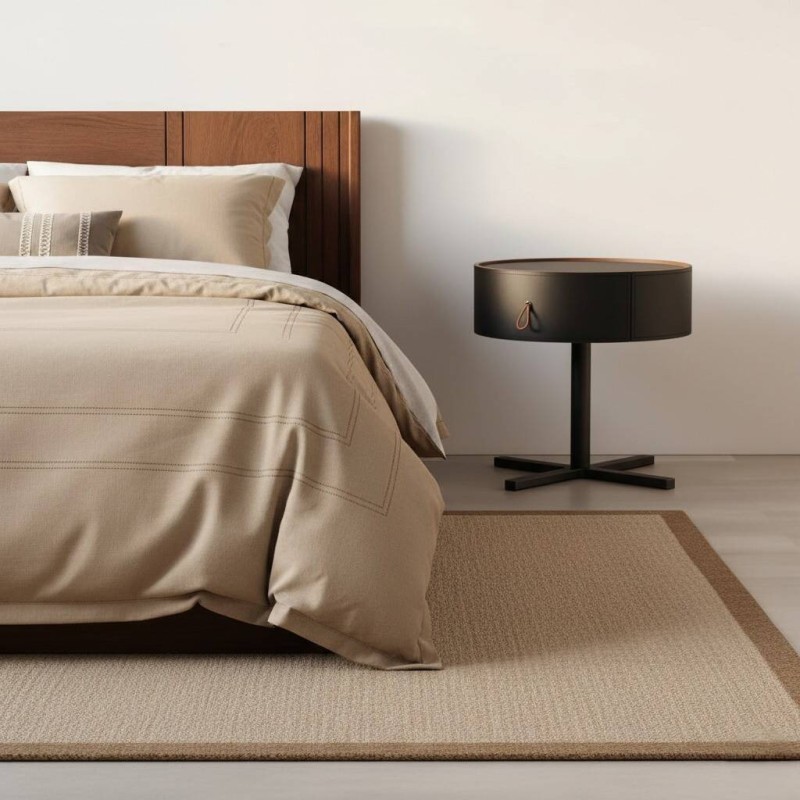 Orbit round bedside table upholstered in black leather with metal legs and three drawers