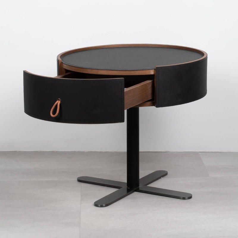Orbit round bedside table upholstered in black leather with metal legs and three drawers