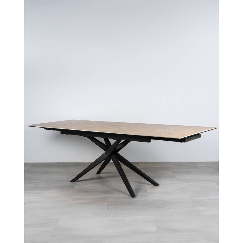 Mesa Talos extensible cerámica efecto madera apertura lateral y patas cruzadas 160/240cm