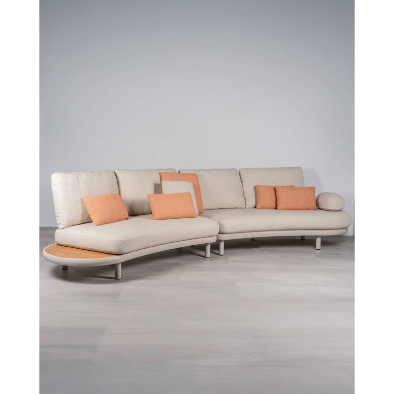 Cloud curved terrace sofa, 2 modules in mocha aluminum with teak side table