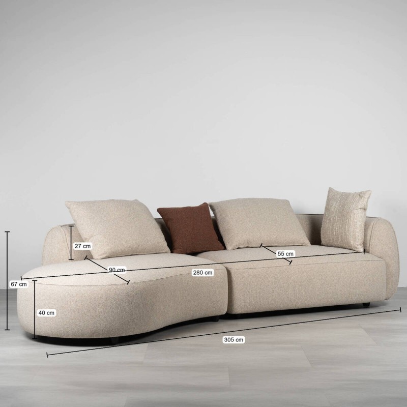 Aura curved modular sofa, beige, left chaise longue, 305 cm