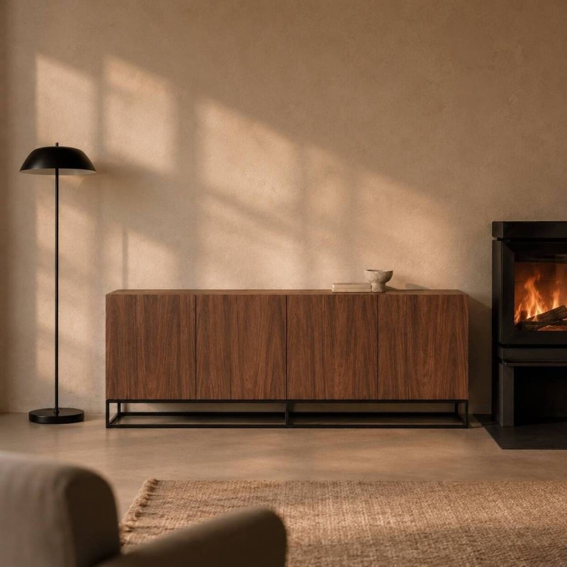 Kael sideboard in walnut veneer with wavy lines and black metal legs, 177 cm