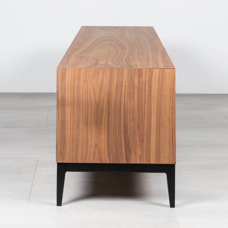 Atuel TV stand in walnut wood with central hinged door and black legs, 180 cm