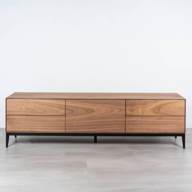 Atuel TV stand in walnut wood with central hinged door and black legs, 180 cm