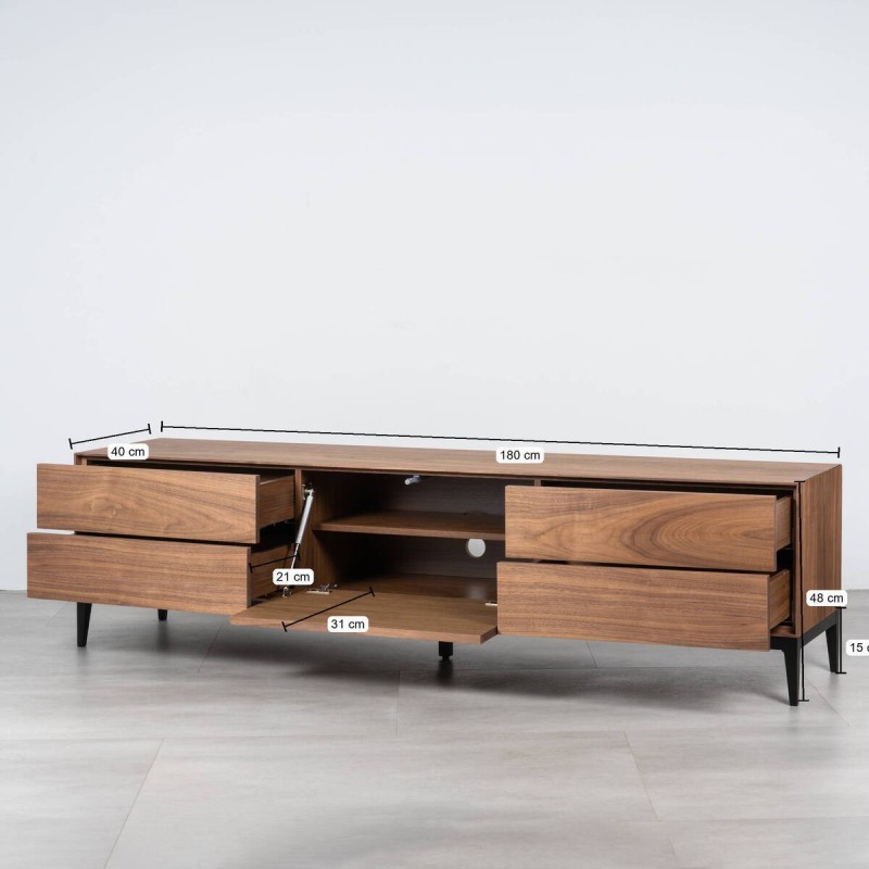 Atuel TV stand in walnut wood with central hinged door and black legs, 180 cm