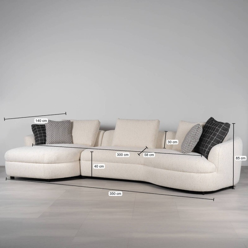 Valletta Sofa with Left Chaise Longue Upholstered in White Bouclé 350cm