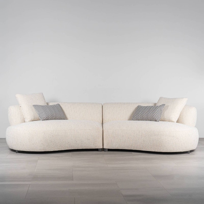 Sevan Sofa Upholstered in White Bouclé with Curved Shape and 2 Modules
