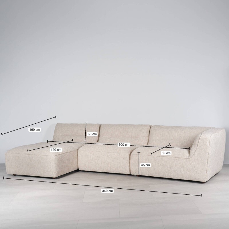 Sofá Delos con Chaise Longue Izquierdo Tapizado Beige 340cm