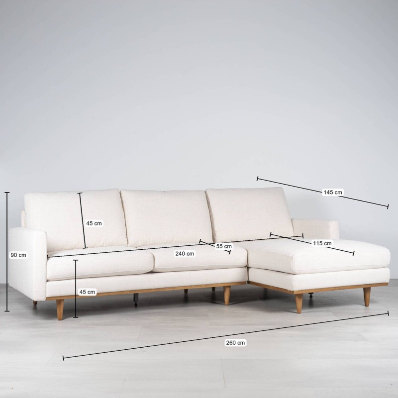 Zante Sofa Chaise Longue Right Upholstered in Cream Fabric 260 cm
