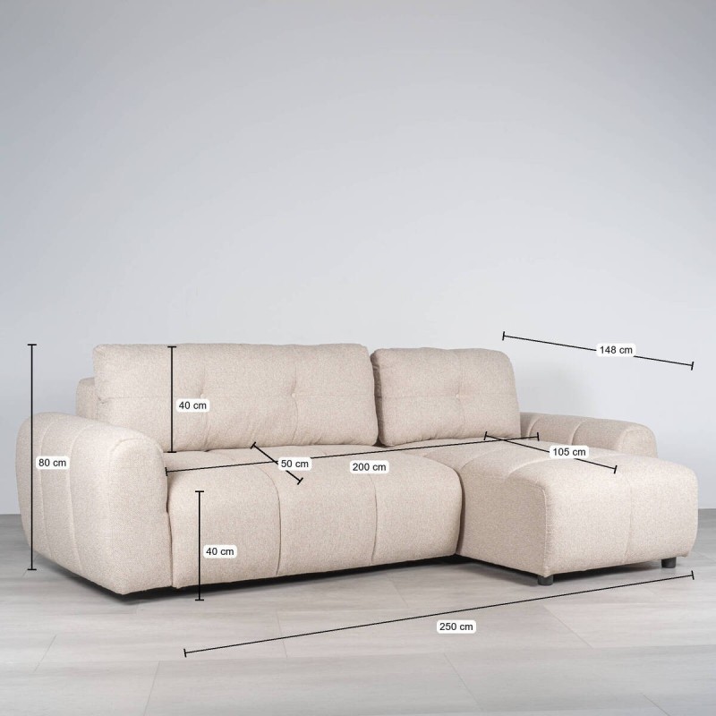 Sofá Cama Sepik con Chaise Longue Derecha Tapizado en Beige 250 cm