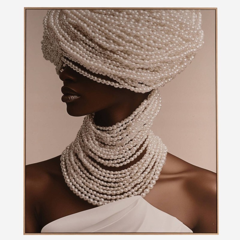 Lienzo Mujer con Perlas 120x140 cm con Marco Roble