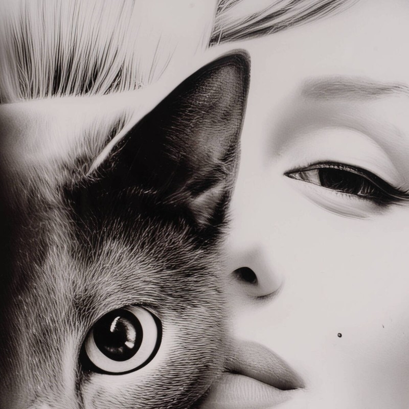 Canvas Portrait of Woman with Cat 120x160 cm in Black and White
