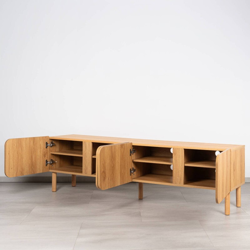 Mekong TV stand in oak melamine, curved doors and wooden legs, 200 cm