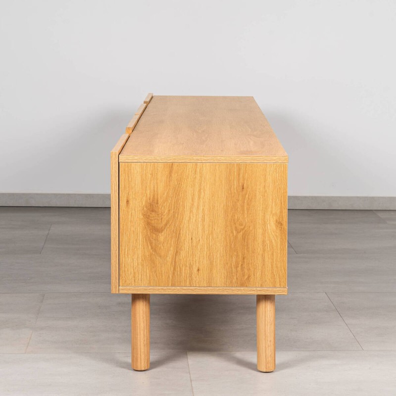 Mekong TV stand in oak melamine, curved doors and wooden legs, 200 cm