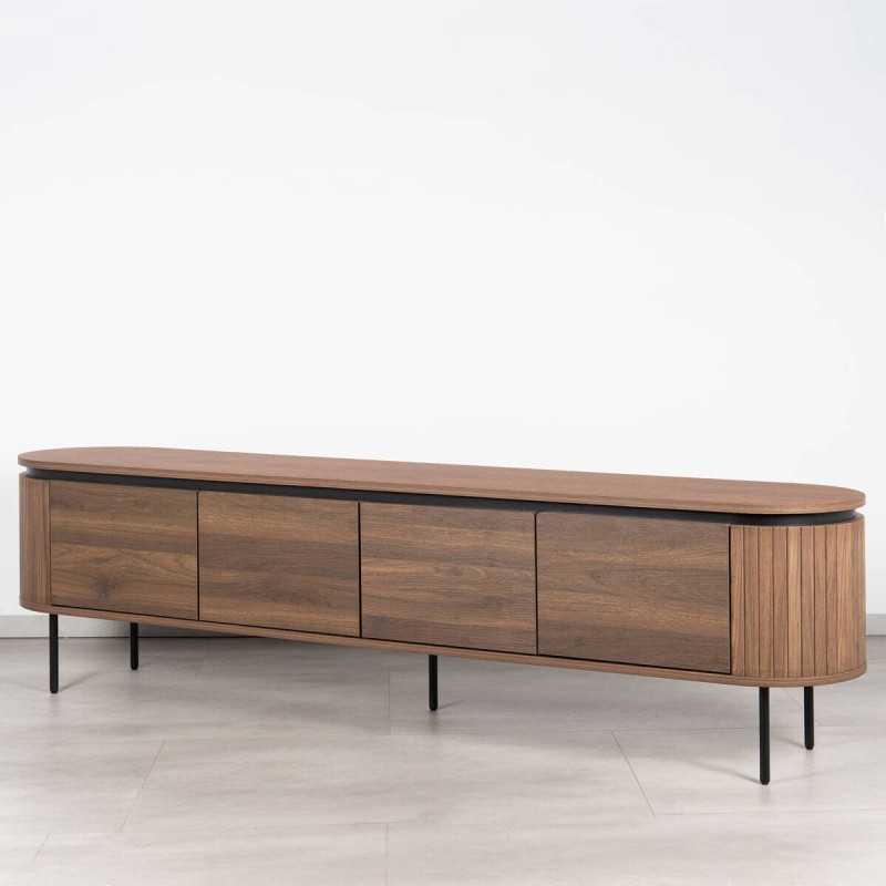 Jade TV Unit with Grooved Finish, Walnut Finish and Black Legs, 200 cm