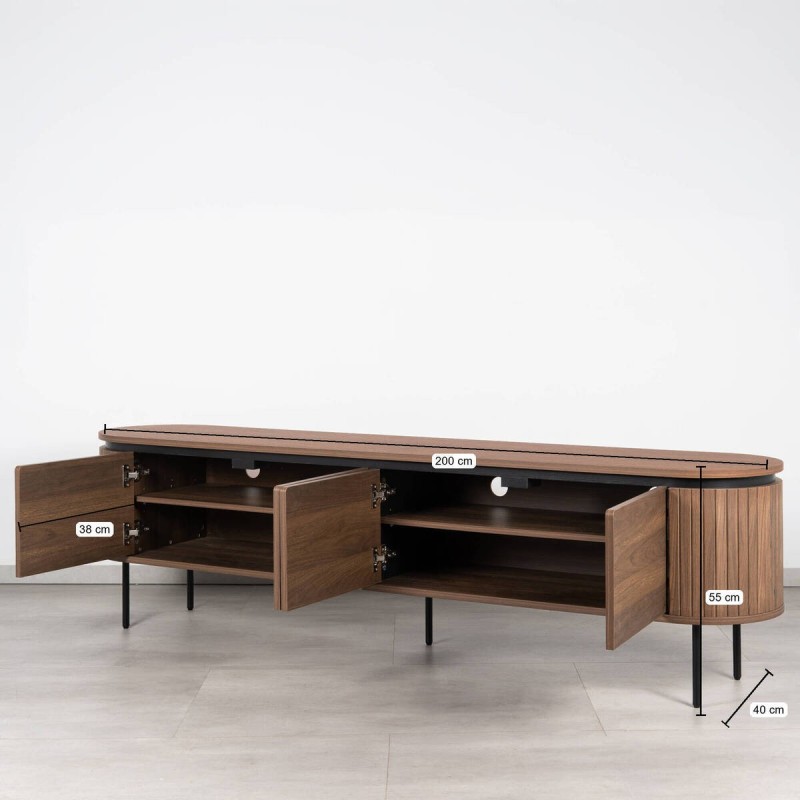 Mueble TV Jade Acanalado Acabado Nogal y Patas Negras 200 cm