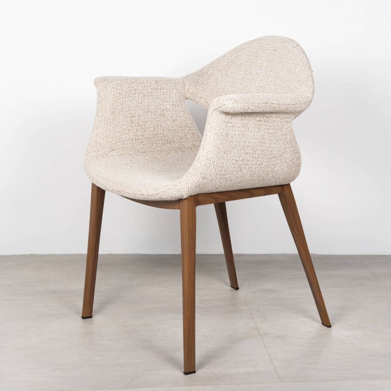 Maroni Dining Chair Upholstered in Beige with Wood Finish Metal Legs