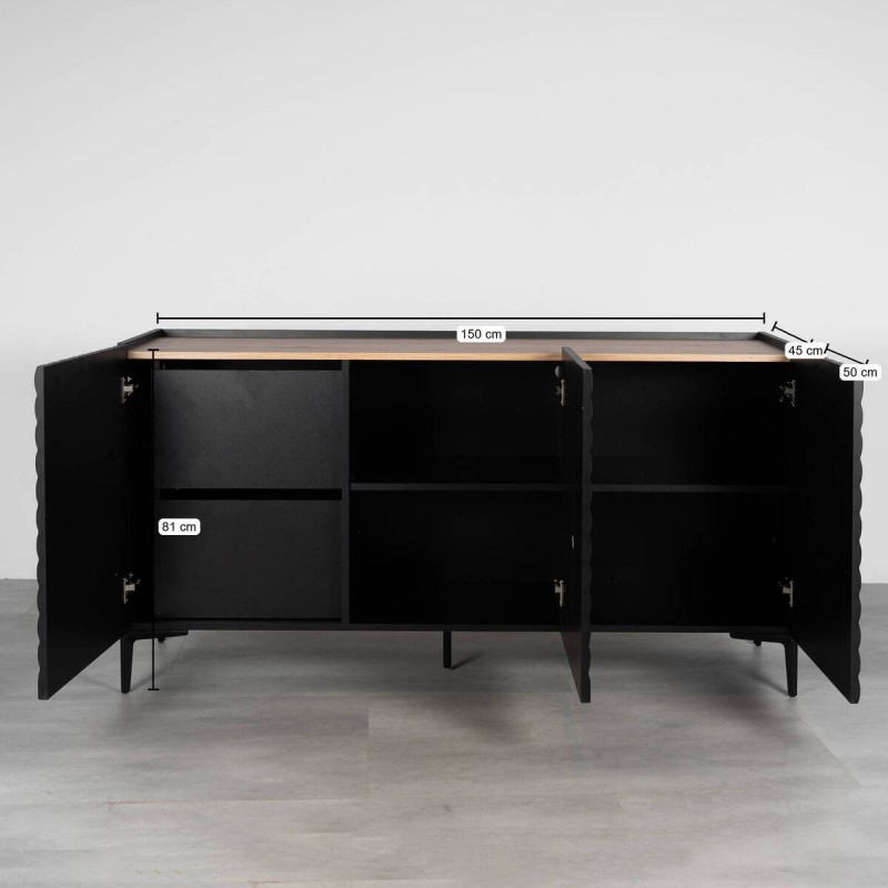 Geo black sideboard 150 cm with geometric relief and wood effect top