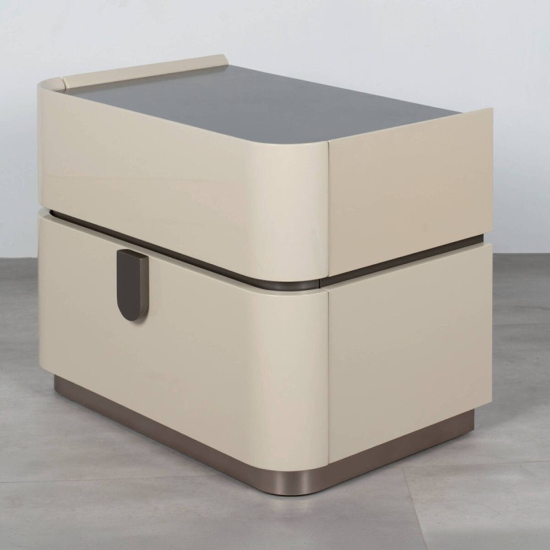 Limpopo Beige Lacquered Nightstand with 2 Drawers and Metal Handle, 65.5 cm