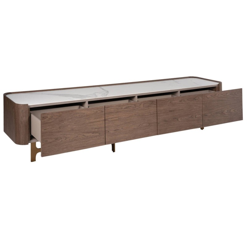 TV cabinet with walnut veneer and ceramic top, 220x42x50cm