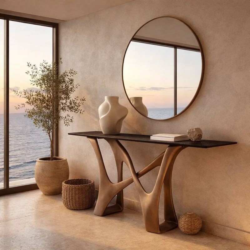 Modern console table with sculptural bronze base, 160x40x76