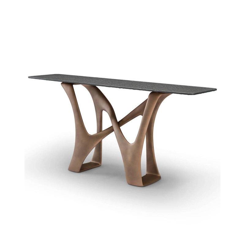 Modern console table with sculptural bronze base, 160x40x76