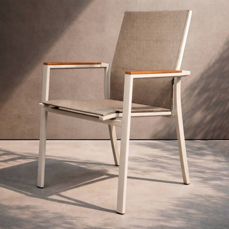 Outdoor chair, white aluminum, taupe fabric, with teak arms, 61x65x92cm