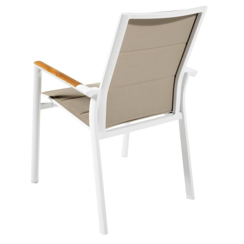 Outdoor chair, white aluminum, taupe fabric, with teak arms, 61x65x92cm