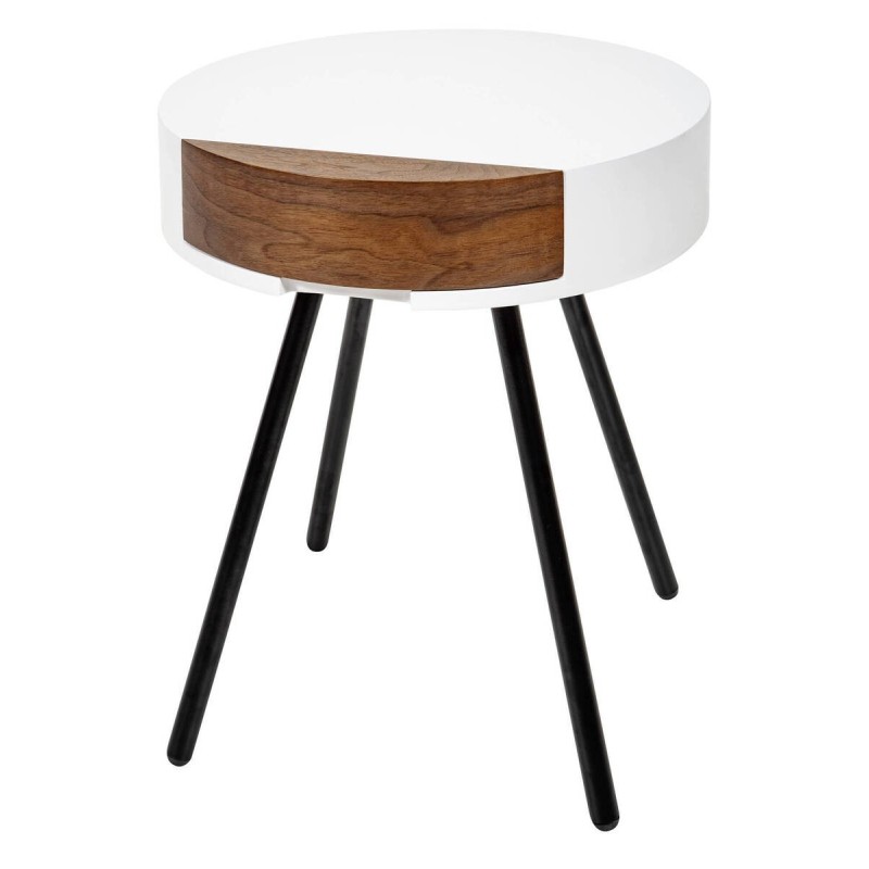Mesa auxiliar redonda con cajón blanca/base metálica 45x45x52cm