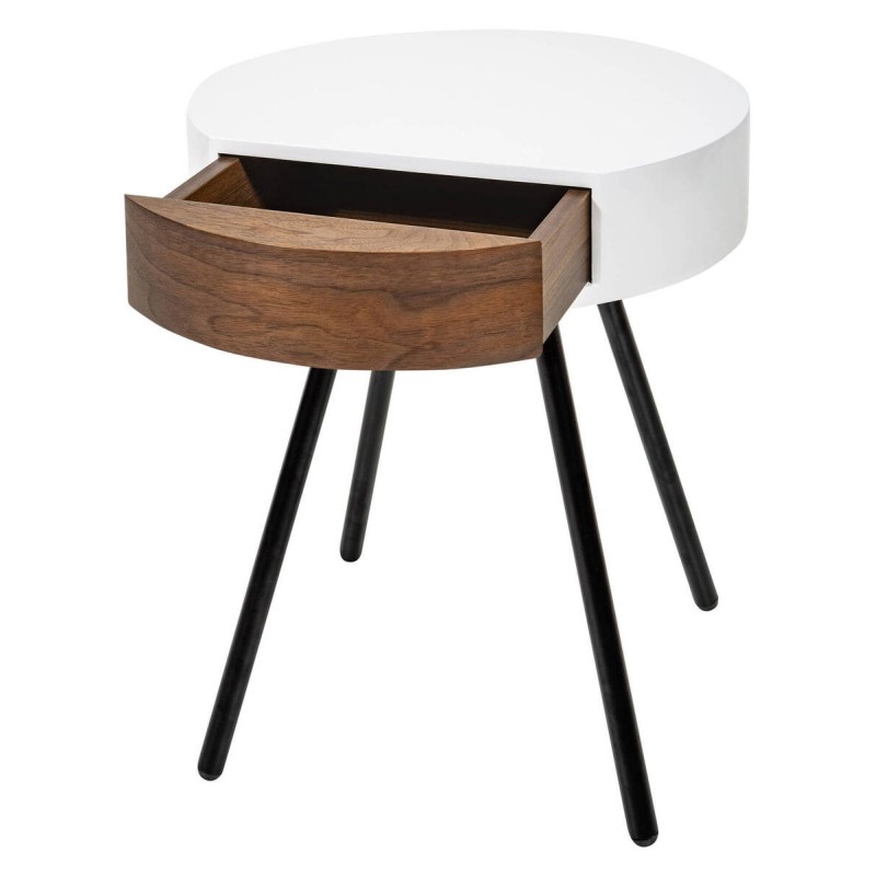 Mesa auxiliar redonda con cajón blanca/base metálica 45x45x52cm