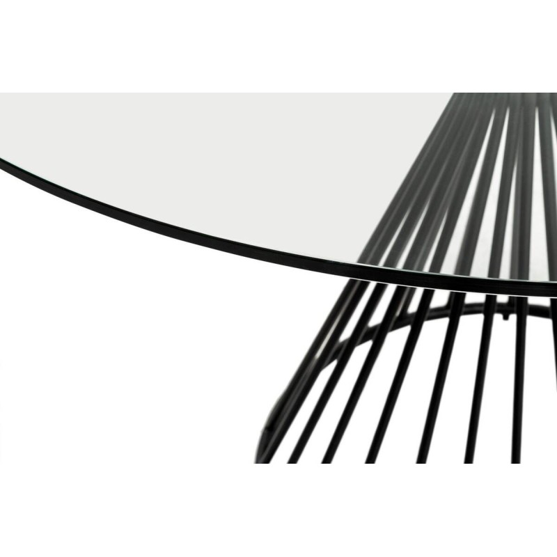 Round dining table with glass top and black steel base, 120x76cm