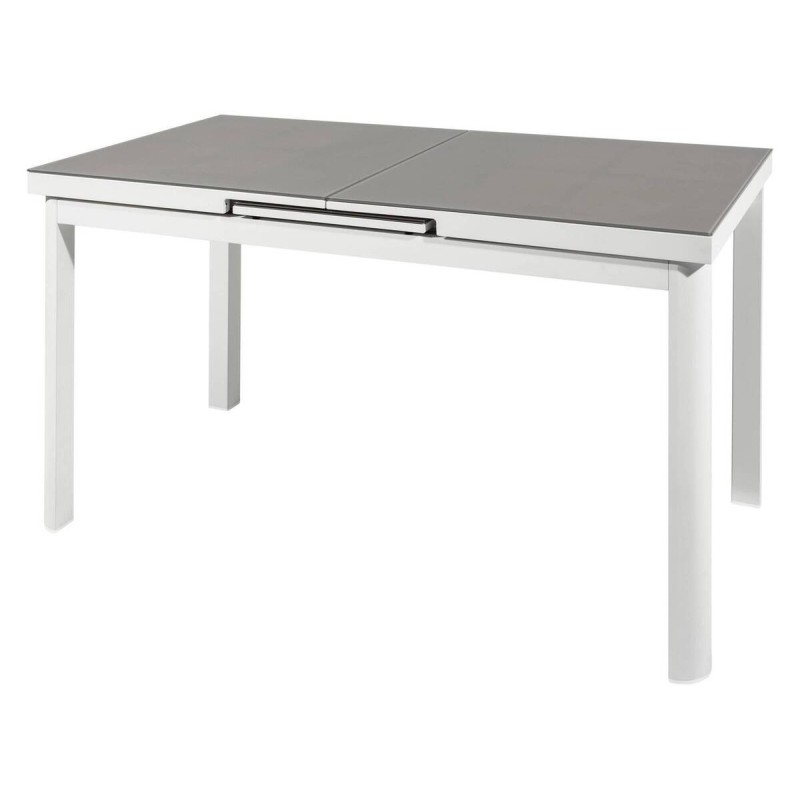 Extendable rectangular outdoor dining table, aluminum and taupe glass, 140/180x75x76cm