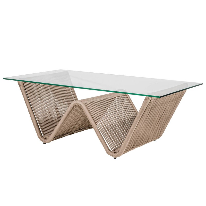 Outdoor coffee table with braided rope in sand color - tempered glass 130x70x42.5cm