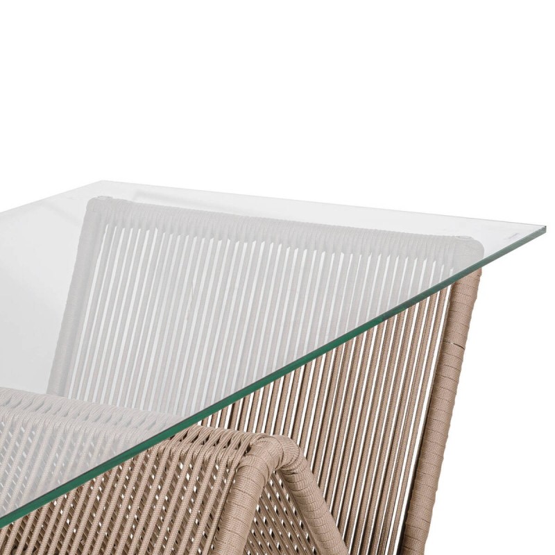 Outdoor coffee table with braided rope in sand color - tempered glass 130x70x42.5cm