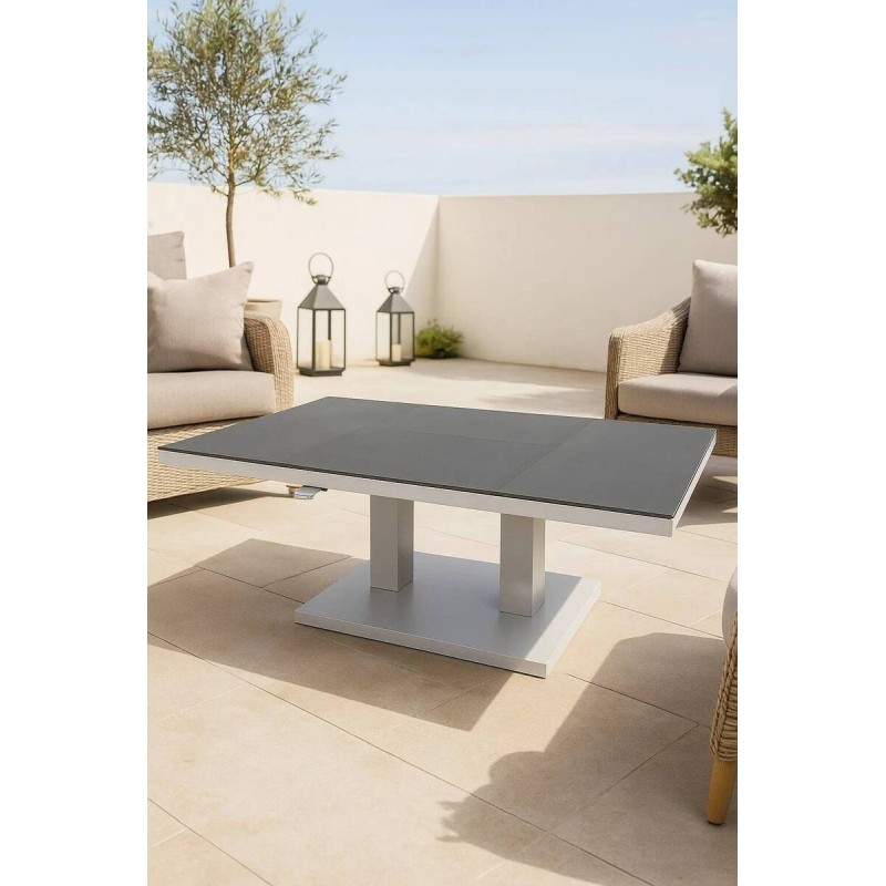 Lift-top coffee table, white aluminum, grey glass top, 140x85x49/72cm