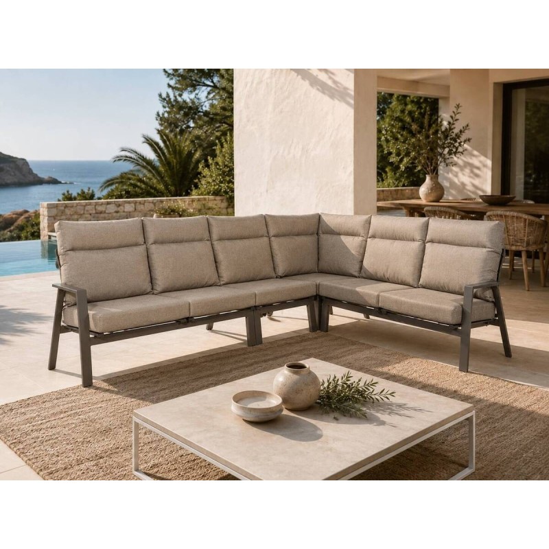 Sofá rinconera exterior aluminio café tejido gris 284.5x220.5x96.5x83cm