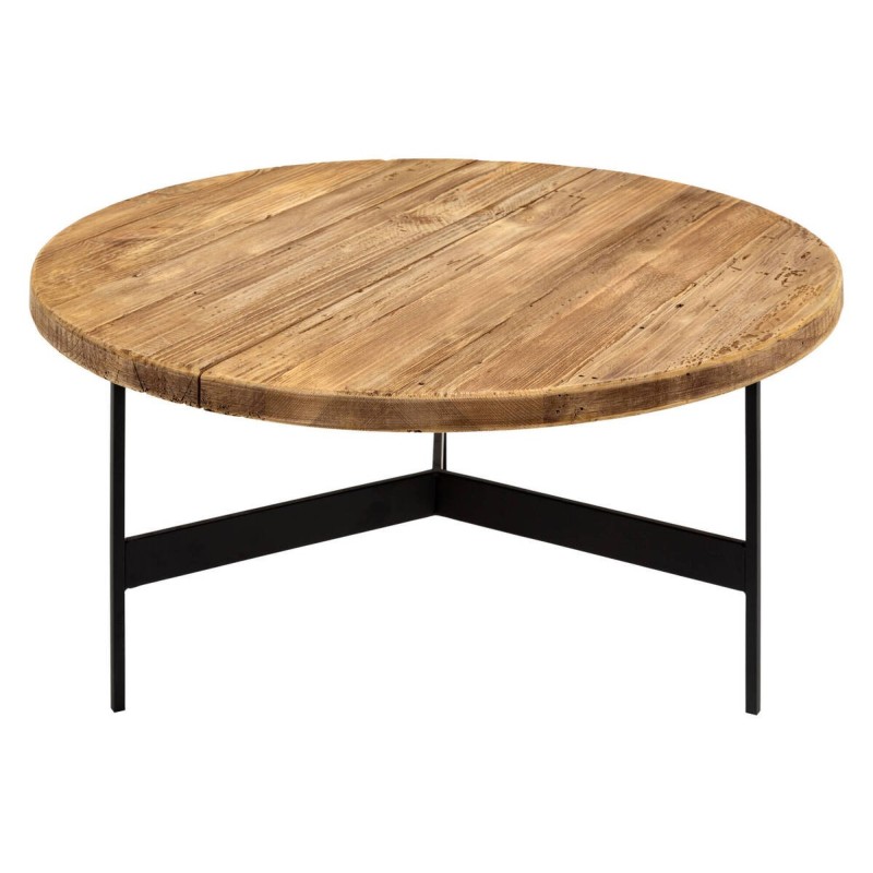 Mesa de centro redonda patas negra tapa madera de pino reciclado 70x34cm