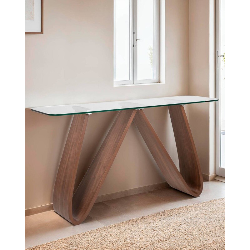 Wavy console made of beech veneer, veneered in walnut, with a crystal lid, 140x40x75cm