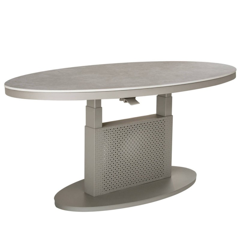 Mesa de centro elevable ovalada de aluminio gris y tapa de cristal piedra 150x90x51/72cm