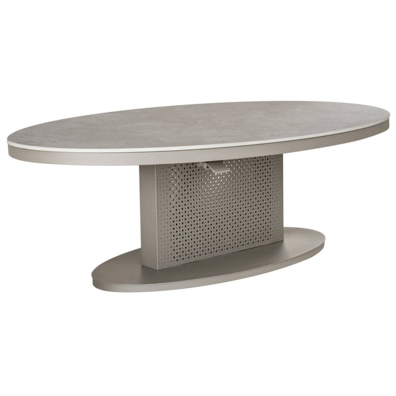 Mesa de centro elevable ovalada de aluminio gris y tapa de cristal piedra 150x90x51/72cm