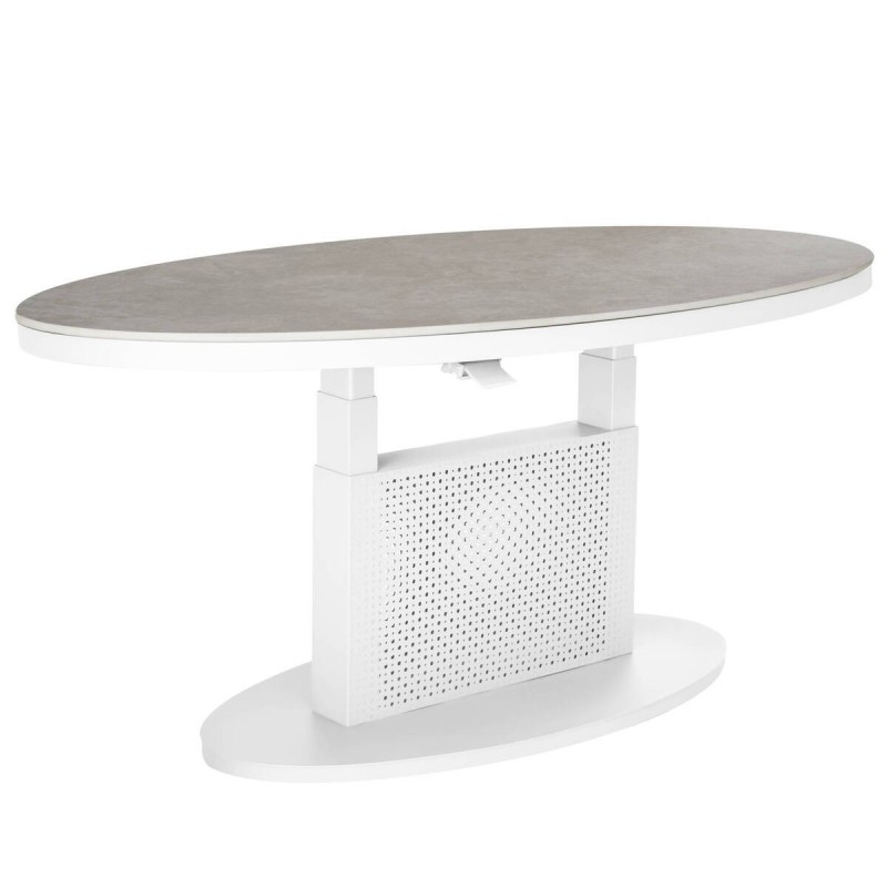 Mesa de centro elevable ovalada de aluminio blanco y tapa de cristal piedra 150x90x51/72cm