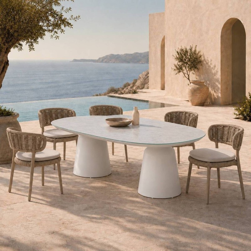 Mesa de comedor de terraza Eclipse ovalada con tapa de cristal cerámico