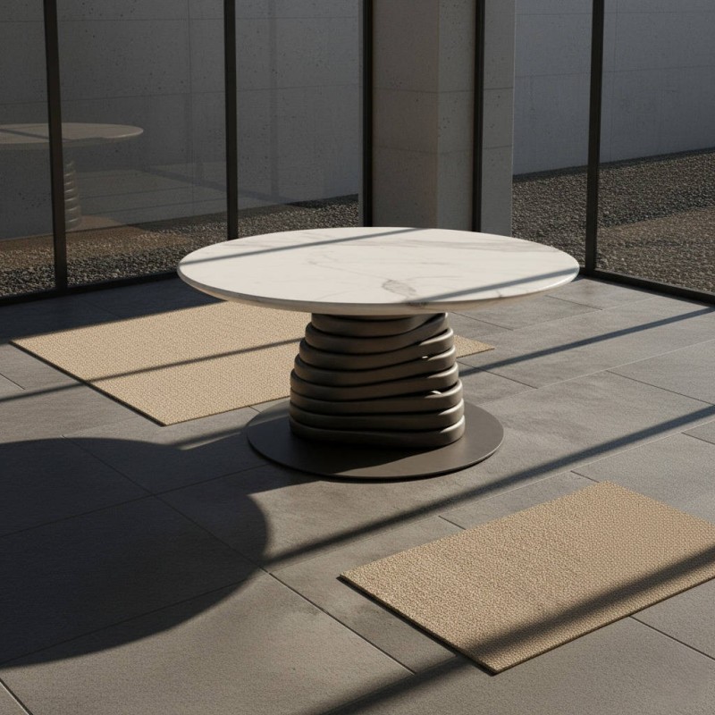 Aureum round coffee table in white marble with a wavy base