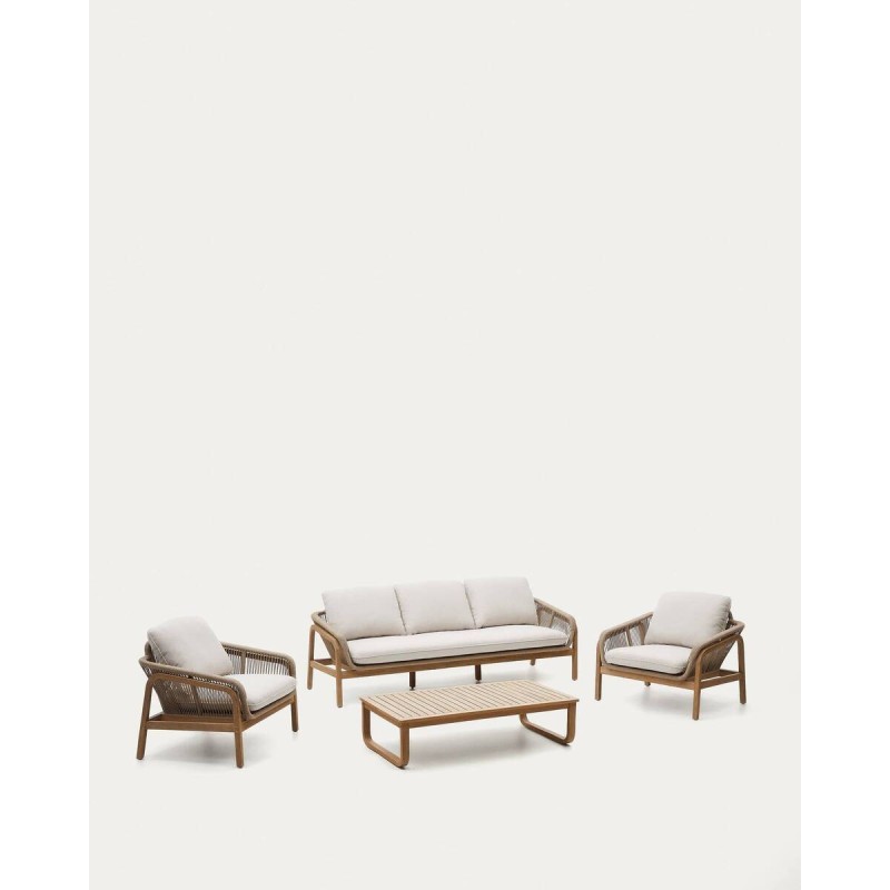 Set vellana sofá 3 plazas, 2 sillones y mesa de centro madera maciza acacia