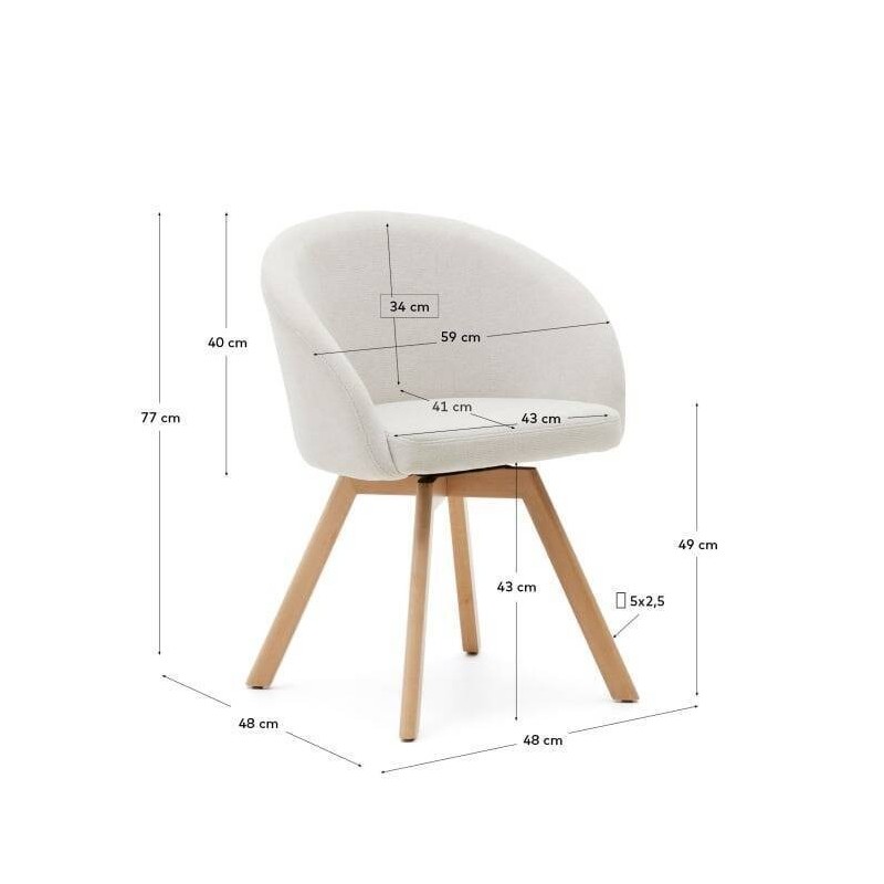 Silla giratoria Marvin Chenilla beige y patas de madera de haya 48x48x77cm