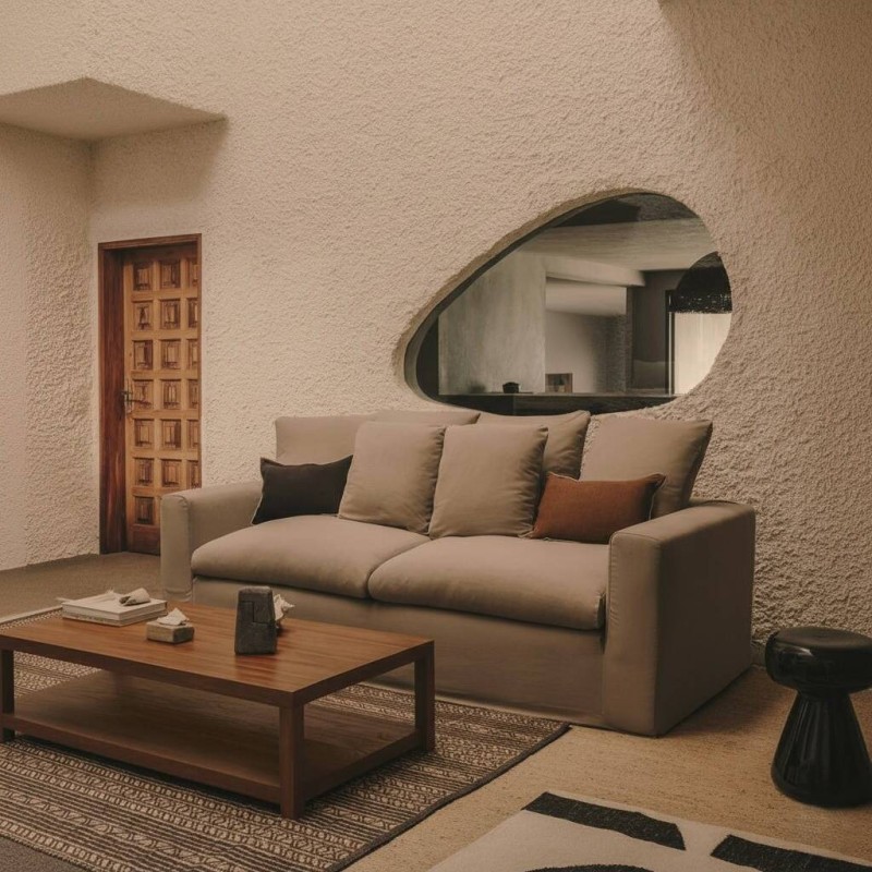 Nora 3-seater sofa with removable cover and linen and cotton cushions, taupe, 240 cm