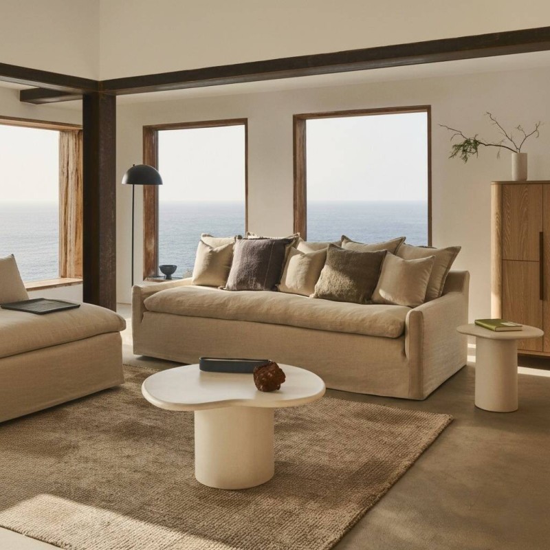 Zenira 3-seater sofa with removable covers and beige cotton and linen cushions, 230 cm